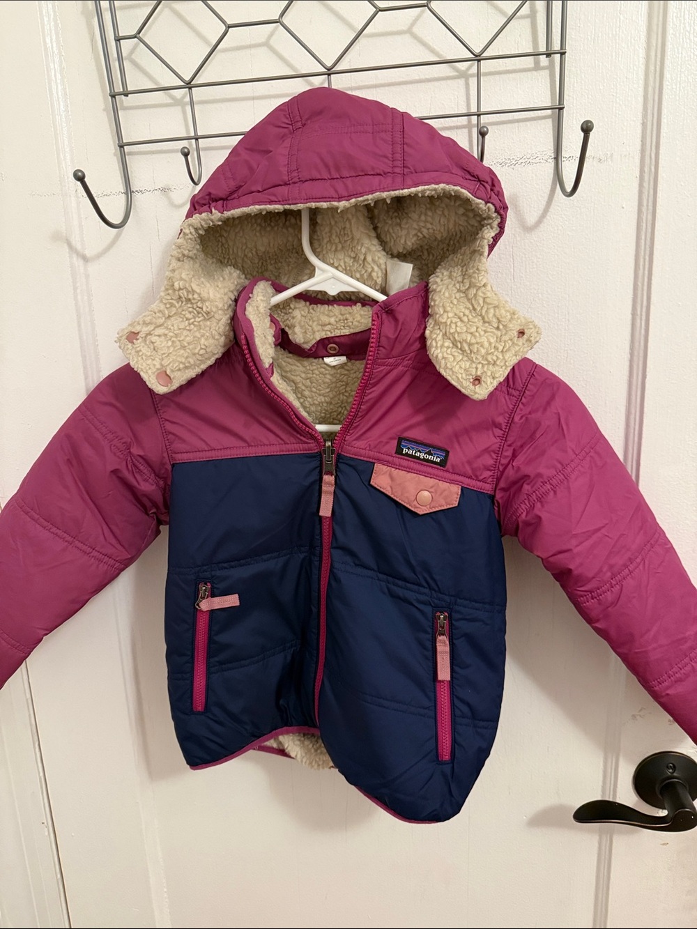 Patagonia Girls Hooded Puffer Jacket in Pink and Navy with Sherpa Lining